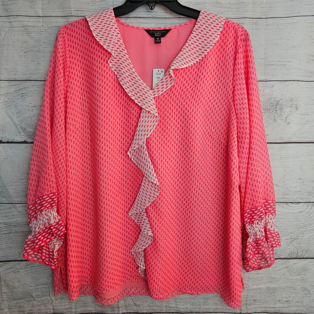Investments Woman 2X Riley Pink Dash Textured Ruffle V Neck Long Slv Shirt 1328
